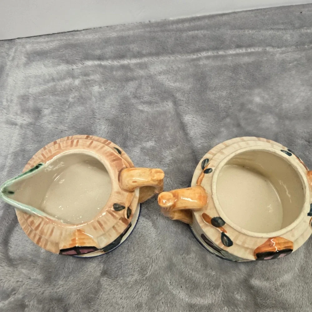 Vintage Cottage House Creamer and Sugar Bowl Set Hand Painted Ceramic Japan